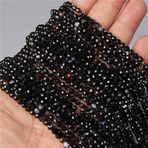 Natural Faceted Black Stripe Agat Gem Stone Bead Loose Tiny Diy Spacer Beads For Bracelet Necklace Jewelry Making 3/4mm Supplies