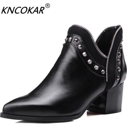New Autumn Winter Chelsea Pointed End Boots Fashionable Metal Zipper Bare Boots Vintage Rivet Studs With Short Mid-Heel Boots