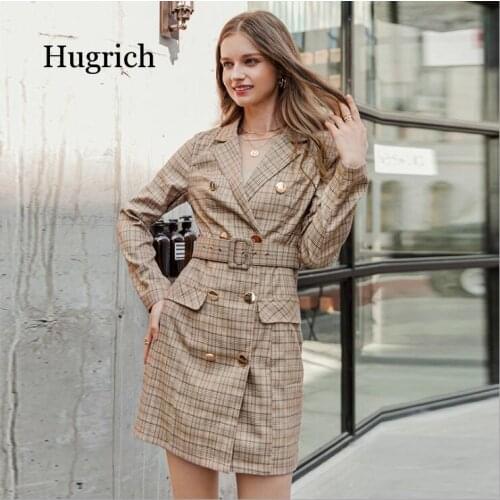 Vintage double breasted belt plaid dress women Elegant office ladies blazer dresses Long sleeve female autumn mini dress