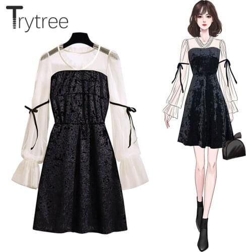 Trytree 2020 Spring Autumn Dress Women Casual V-neck A-line Fashion Vintage Patchwork Mesh Elegant Temperament Mini Dress