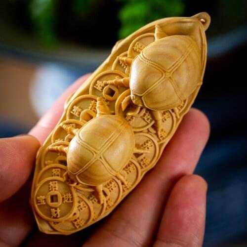 8cm Beetle and Coin Chinese Style Pray for Wealth Lucky Charm Solid Wood Sculpture Mens Gifts
