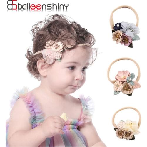 Balleenshiny Pearl Diamond Mesh Flower Childrens Hairband Cute Fashion Parquet Hair Accessories Baby Girl Headband Kids Turban