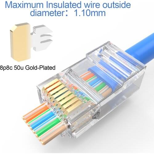AUCAS Cat6 RJ45 Connector ez Plug Network Ethernet Cable UTP Modular Plug Have Hole Easy Pass Connector 8P8C Unshielded Modular