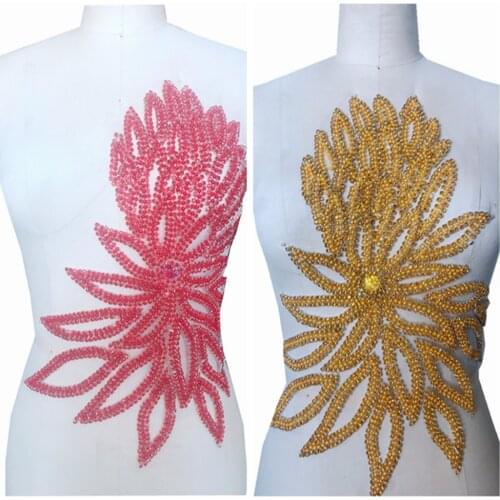 Hand made crystals trim patches golden/red sew on Rhinestones applique on white mesh 41*36cm for dress accessory