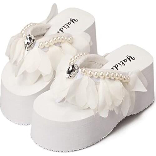 HAHAFLOWER Diamond Slippers Flip Flops Handmade Pearl Summer Shoes Women free shipping