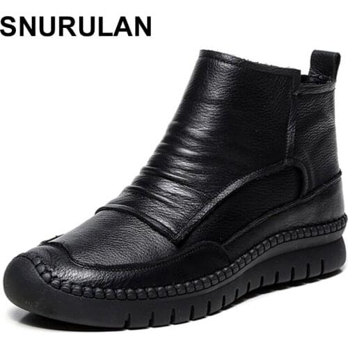 SNURULAN Fashion Handmade Shoes For Women 100% Genuine Leather Ankle Boots Vintage Flat Women Shoes Round Toes Mar Boots