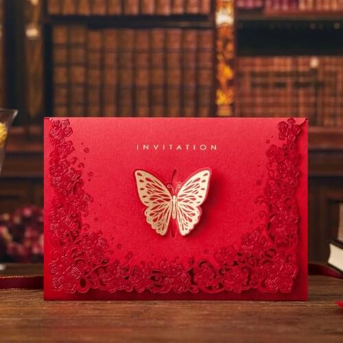 Vintage Wedding Supplies China Laser Cut Luxurious Butterflies Wedding Invitations Red Elegant Wedding Invitation Paper Cards