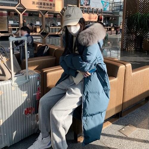 Womens Fox Fur Hooded Long Duck Down Jackets Zipper Windproof Loose Casual Parkas Ladies Winter Pink Snow Outerwear Warm Coat