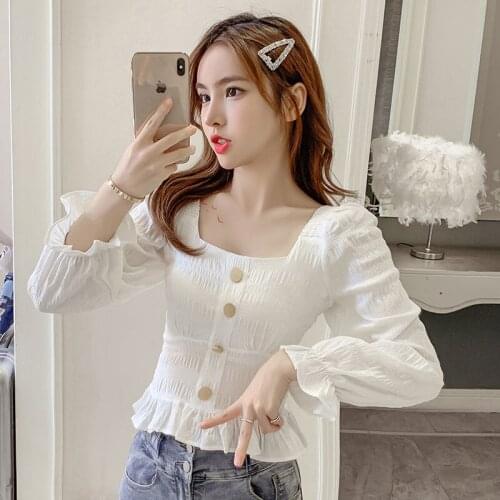 Shirt Womens Autumn Retro Puff Sleeve Square Collar Short Long Sleeve Top Blouse Women Blusas Ropa De Mujer