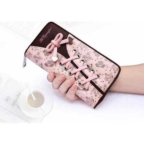 Women lady fashion Wallets ties Shoelace PU Leather Wallet Zipper Female Hasp Dollar Price Vintage Long Wallets Purse hand bag