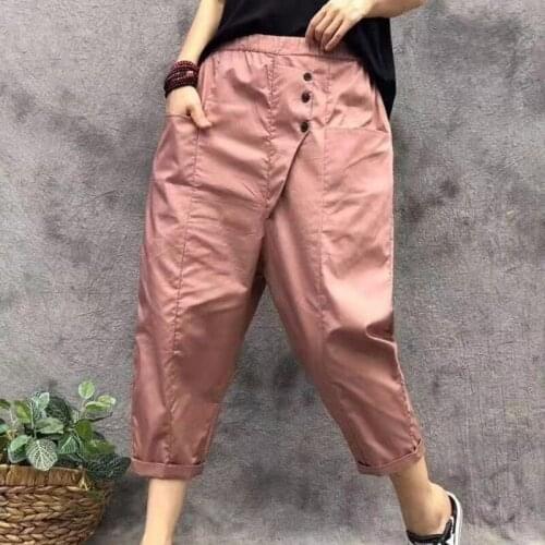 2021 New Arrival Summer Korean Style Women Loose Casual Elastic Waist Harem Pants Button Design Cotton Ankle-length Pants W49