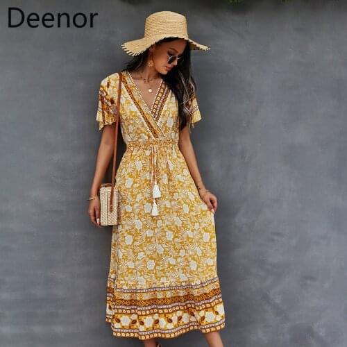 Deenor V-neck Bandage Bohemian Dress 2021 Summer Women Floral Print Short Sleeve Dersses Beach Evening Party Vestido Robe