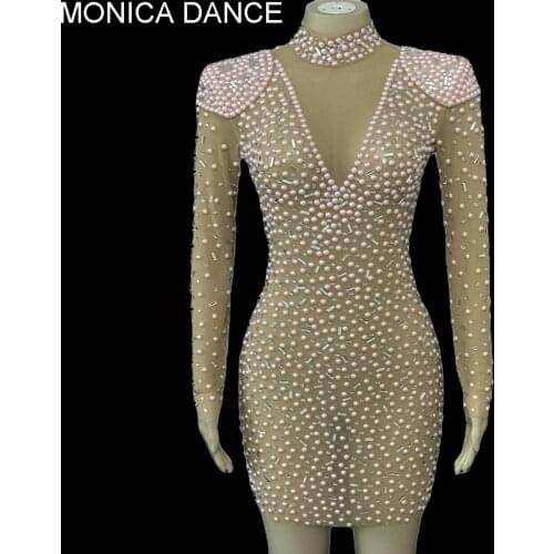 Women Sexy Stage Pink Rhinestones Pearls Mesh Transparent Dress Birthday Celebrate Stereoscopic Shoulder Evening Stretch Outfit