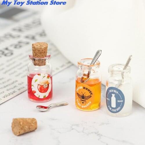 1:12 Dollhouse Miniature Milk Honey Strawberry Jam With Spoon Set Doll Food Toy Kids Gift Pretend Play Toy