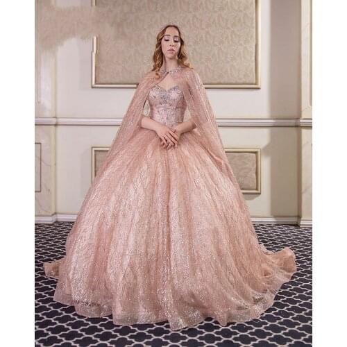 2020 Champagne Paillette Evening Clothing with pearls sleeves Ballgown Sweet 16-piece Vestidos 15-year-old quinceanera