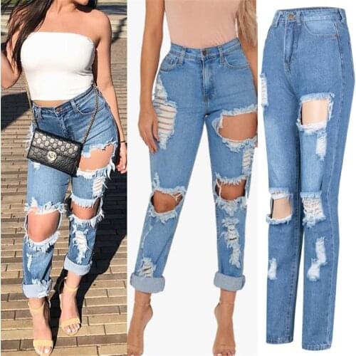 2020 trendy woman ripped denim jeans high waist boyfriend jeans fashion sexy long pants women summer clothing S-2XL new arrival