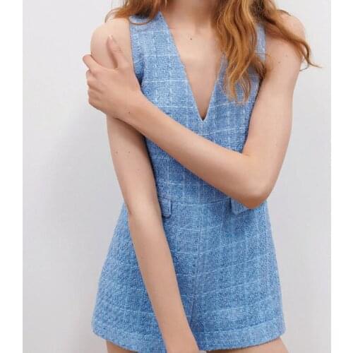 2021 Spring And Autumn Elegant Advanced Feeling British Woven Texture Short Jumpsuit Pocket Decoration Solid V-neck Trumpet Shor