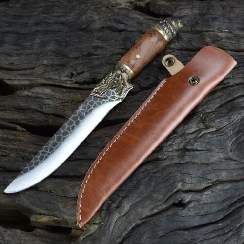 7 Inch Handmade Viking Knife 7Cr17MoV High Carbon Steel Copper Dragon Tiger Decor Hunting Machete Cleaver Barbecue Kitchen Knife