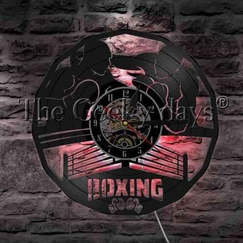 Boxing Ring Mixed Martial Art Boxer Knockout Silhouette Wall Lamp Vinyl Record Wall Clock Boxer Glove Decorative Lighting