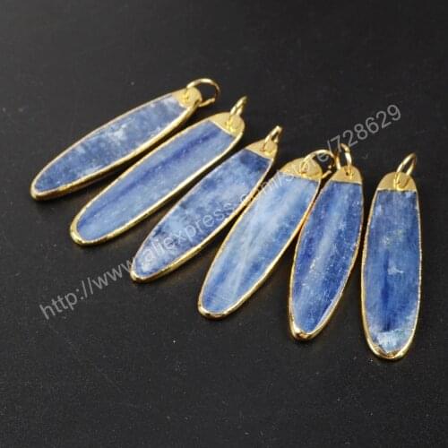 BOROSA 10 pcs Gold Color Natural Long Oval kyanite Charm Kyanite gems charm for necklace jewelry finding for women G1023
