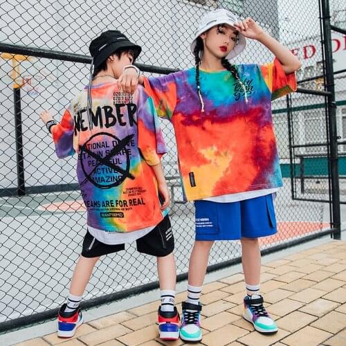 Kids Street Dance Costume Tie Dye T-Shirt Loose Short Sleeve Summer Boys Slacks Hiphop Performance Clothing Girls Wear DNV15019