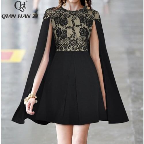 Qian Han Zi designer fashion runway dress Womens Sleeveless Lace High Quality Slim Black Party Cloak Dress