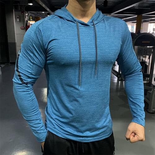 Gym Men T Shirt Casual Long Sleeve Slim Tops Tees elastic T-shirt Sports Fitness Thin comfort breathable Quick dry Hooded