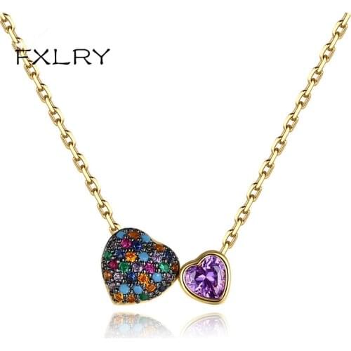 FXLRY High Quality Gold Color Cubic Zirconia Double Purple Heart Women Necklaces Fashion Jewelry