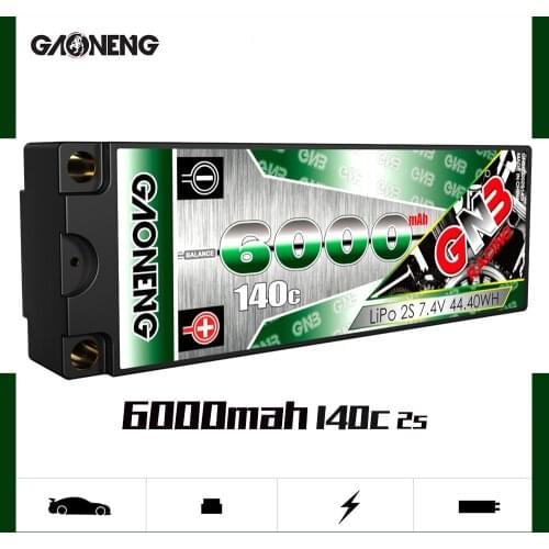 Gaoneng GNB 6000mAh 2S 7.4V 140C/280C 6.0mm bullet see through Hardcase LiPo Battery pack for 1:10 1/10 RC Car Boat