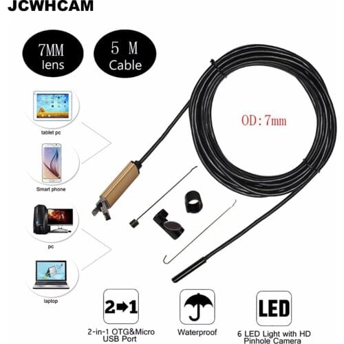 JCWHCAM 2017 New 7mm 2in1 Android USB Endoscope Camera 5M Smart Android Phone OTG USB Borescope Snake Tube Inspection Cam LED