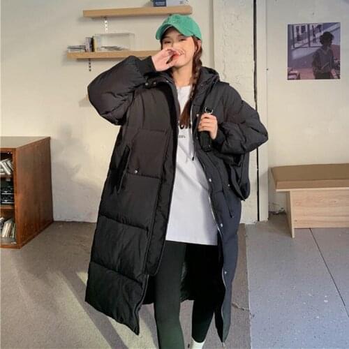 Fashion Long Winter Jacket Women Clothes Loose Padded Black Down Cotton Coat Female Streetwear Warm Hooded Winter Parkas Q4650