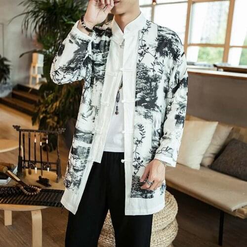 Mens Spring Autumn Jackets Cotton Linen Floral Printed Trench Kung Fu Tai Chi Costume Male Traditional Chinese Clothing CN-112