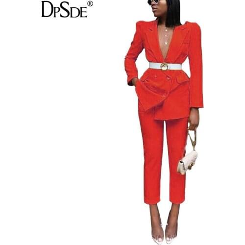DPSDE Yellow New 2020 Vocation Two Pieces Set Full Sleeve Casual Elegant Top Autumn Collar Waist Streetwear Women Red Pants