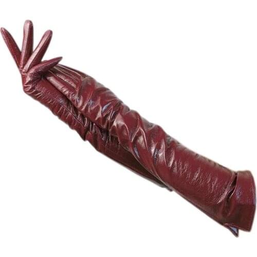 Winter ladies elbow fashionable sheepskin patent leather gloves 50 cm womens wine red leather warm wool lining driving 2021-000