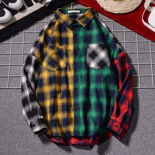 Korean Style Vintage Plaid Mannen Shirts For Men 2020 Fashion Patchwork Long Sleeve Mens Oversized Shirt Tops Clothing Koszula
