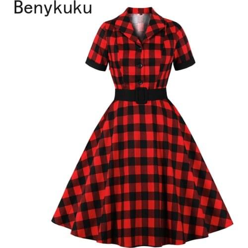 Turn Down Collar Button Up Rockabilly 50s Style Red Plaid Dress Gingham Vintage Dress Elegant Women Cotton Dresses with Belt
