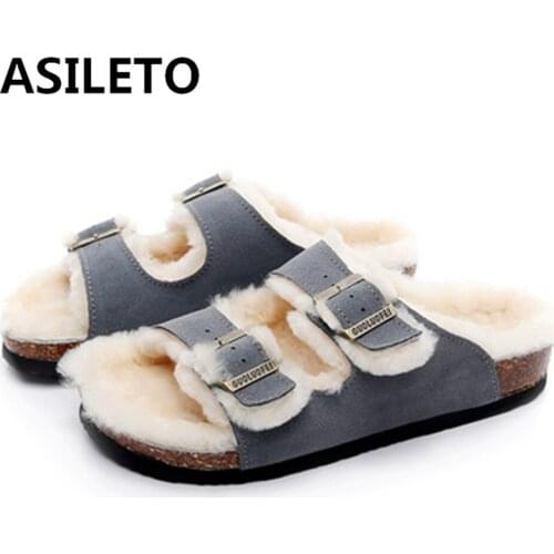 2021 New Unisex Plush Cork Slippers Nubuck Women Casual Double Buckle Nubuck Leather Non-slip Men Outside Slides Shoe US13 44
