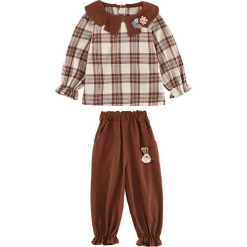 Girl spring western style suit Girls Plaid Shirt Pants Set Girl soft breathable fashion two-piece suit Girl plaid suit