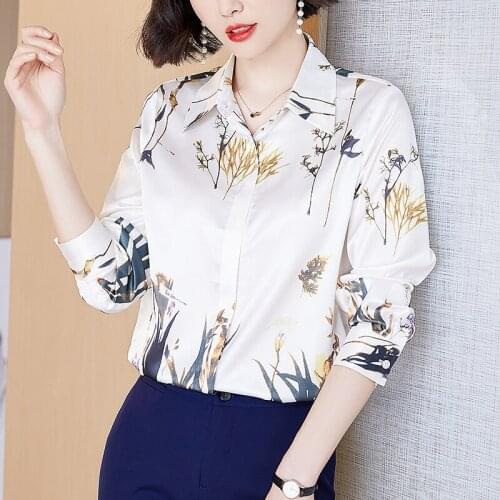 2021 Korean Spring Women Print Chiffon Blouse Woman Satin Blouse Long Sleeve Office Ladies Shirt Elegant Tops Plus Size Blusas