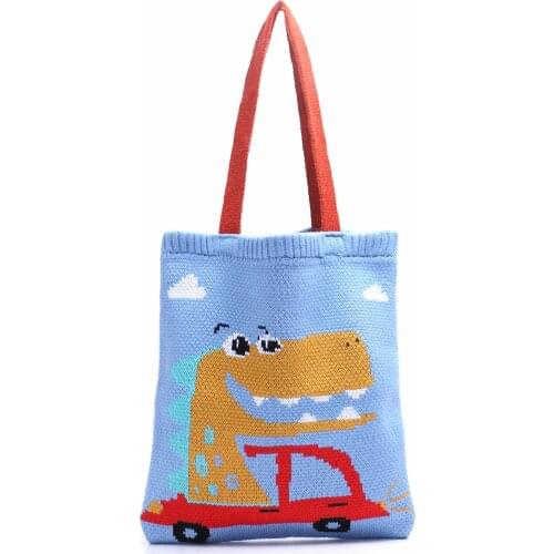 Girls Knitting Dinosaurs Pattern Tote Bag Female Korean Style Kawaii Cute Daily Crochet Soft Stylish Shopping Shopper Handbag