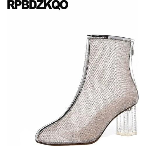 Women ankle boots 2019 round toe high heel transparent summer clear sandals big brand chunky ladies silver cut out shoes mesh