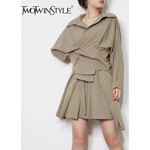 TWOTWINSTYLE Asymmetrical Casual Skirt Suit For Women Lapel Long Sleeve Ruched Shirt High Waist Pleated Mini Skirts Female Sets