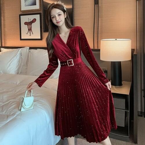 Fall / Winter New Velvet Solid Womens Dresses Winter Long-Sleeve 2020 Pleated Belt French Retro SLim Mid Length Dress 7547V469