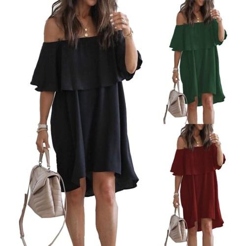 Summer Dress Femme Robes Women Clothing Black Dresses Ruffles Slash Neck Butterfly Sleeve Casual Loose Dress For Women Vestidos