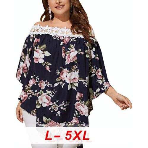 2020 NEW Womens Floral Printed Women Hollow Out Flare Sleeve Blouse Off Shoulder Top Lace Tunic,Plus Size Batwing Casual Garment