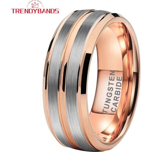 8MM Rose Gold Mens Womens Tungsten Rings Wedding Band Stepped Edges Brushed Finish Comfort Fit