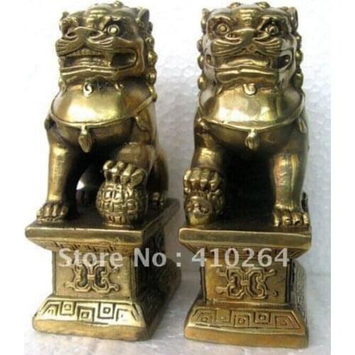 Free shipping Chinese Foo Dog Lion Fu Bronze Statue Pair Figurines Feng Shui Items Oriental sz:11x6x8.3cm