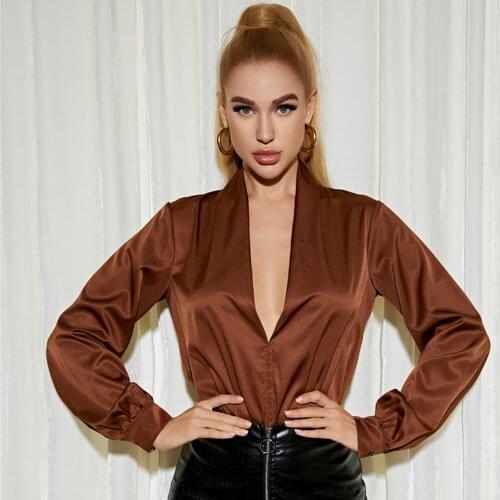 Blouses Sexy Shiny Satin Shirts Temperament V Neck Drape Top Bodysuit Women Jumpsuits Bodys Loose Soft Comfortable Soild Color