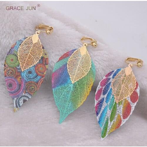 GRACE JUN High-grade Colorful Copper Material Double Leaf Clip on Earrings for Women Xmas Earrings 11/11christmas Earrings New