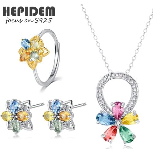 HEPIDEM 100% Sapphire 925 Sterling Silver Necklace Rings Earrings 2022 Women Crystal Stone Gemstones S925 Fine Jewelry Set 1199